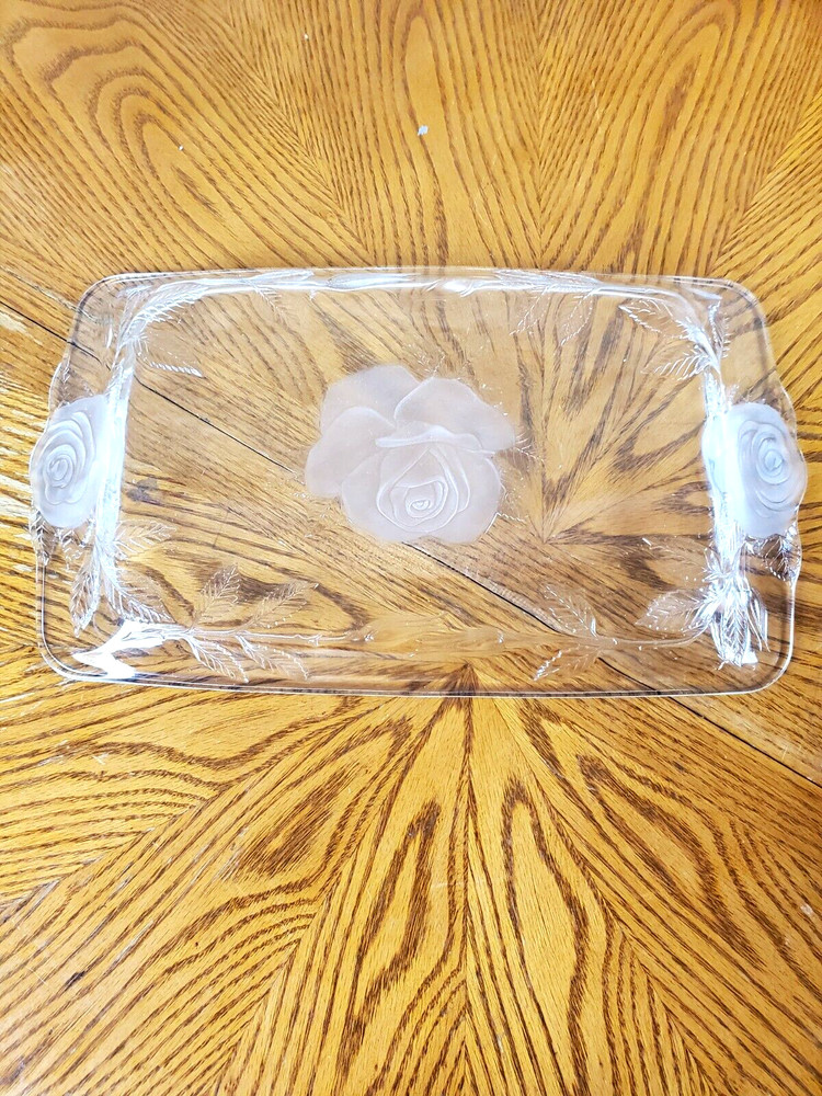 Cristal d'Arques Glass Embossed -Etched Rose Pattern Rectangle Serving Platter