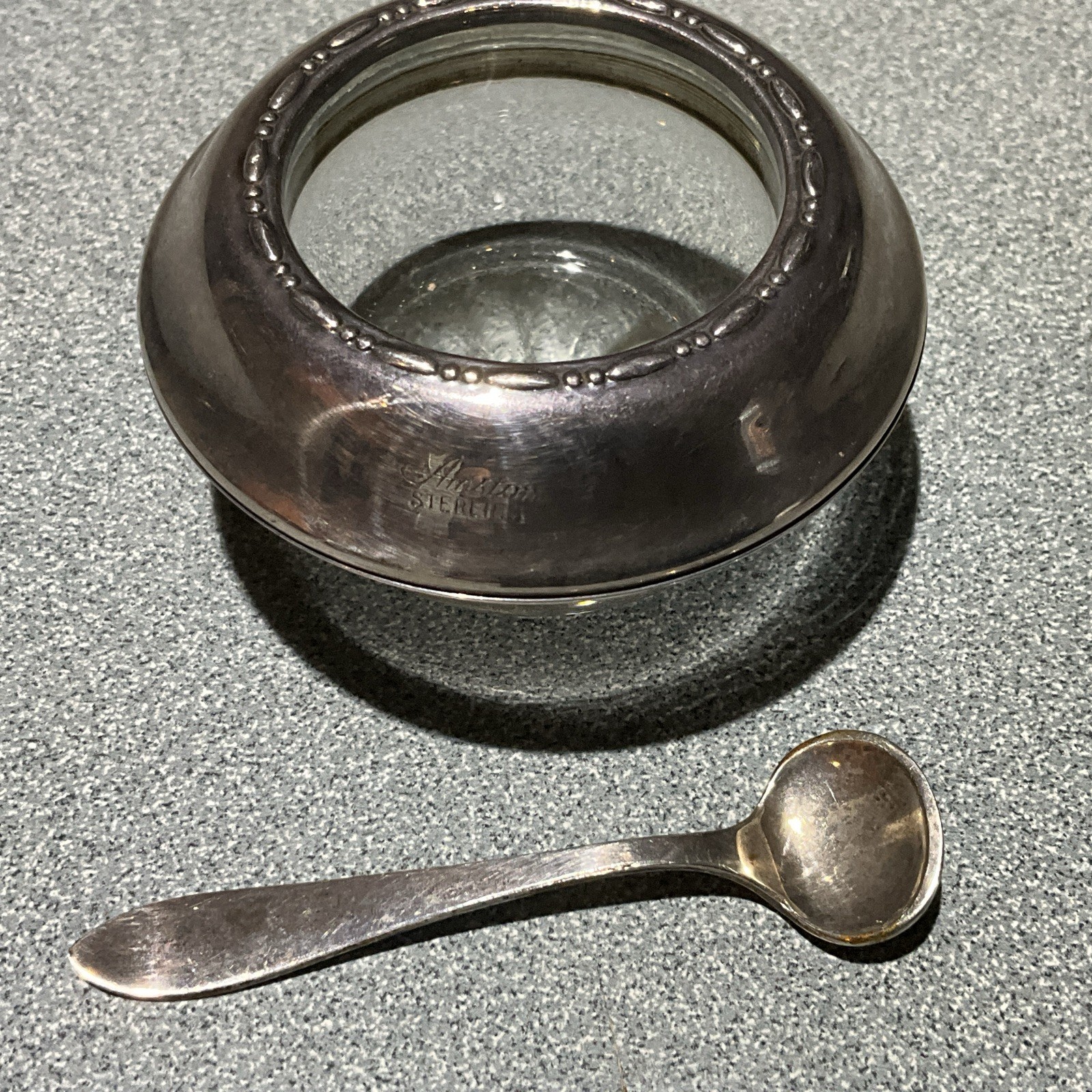 Vintage Amston Sterling Silver Salt Spices Cellar Glass Liner & Sterling spoon