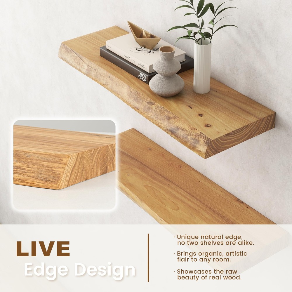 Live Edge Elm Floating Shelves for Wall Decor, Rustic Solid Wood Shelves Wall...