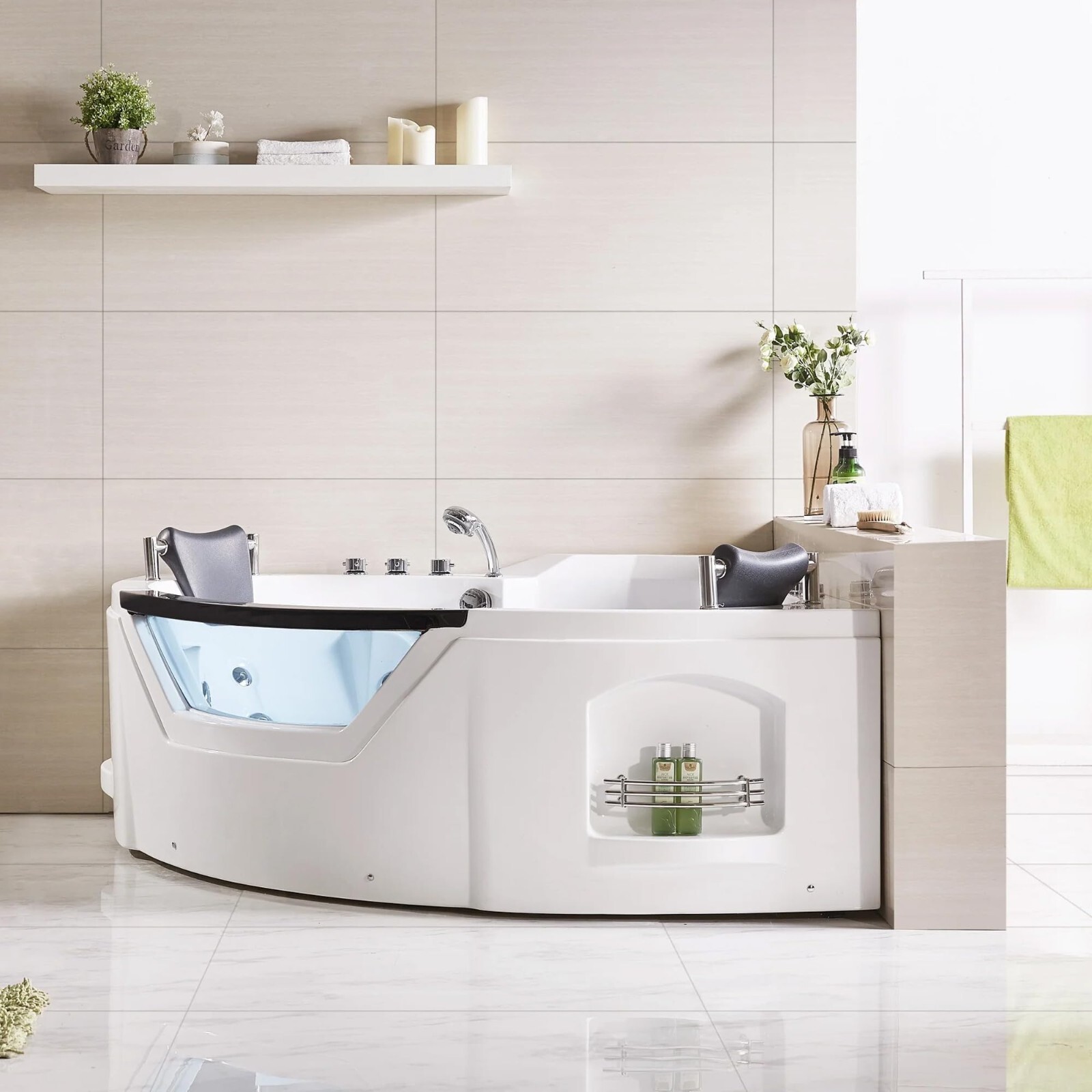 Corner Bathtub 61" Acrylic with Light, Heater, Freestanding Soaking Spa Jetted