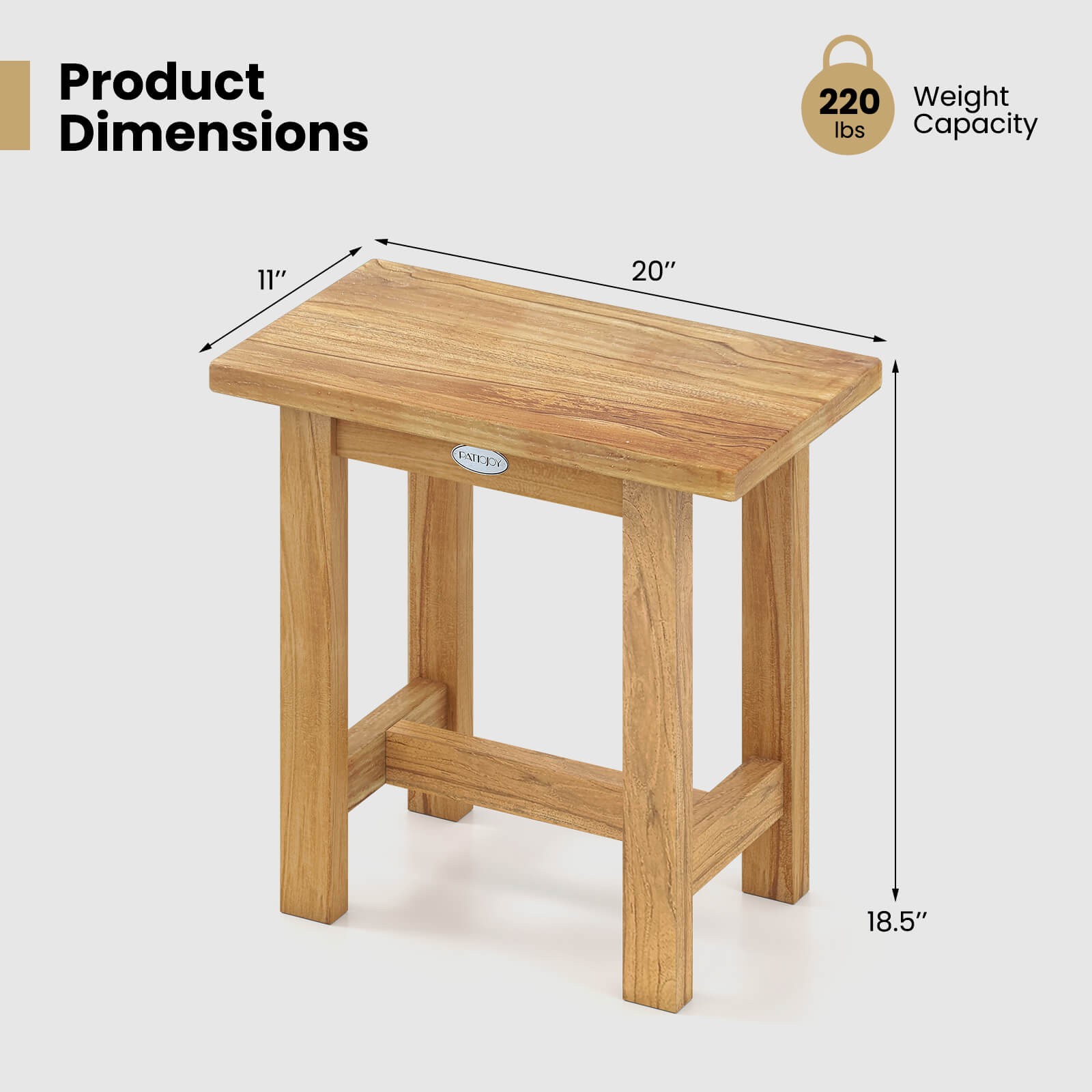 20” Teak Shower Bench Waterproof Shower Stool for Shaving Legs Indoor & Outdoor