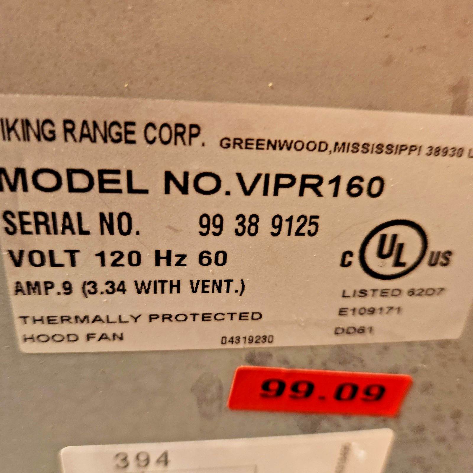 Viking Blower 600 cfm VPIV1600 for Downdraft VIPR160 Fan PD220008 Motor PD220009