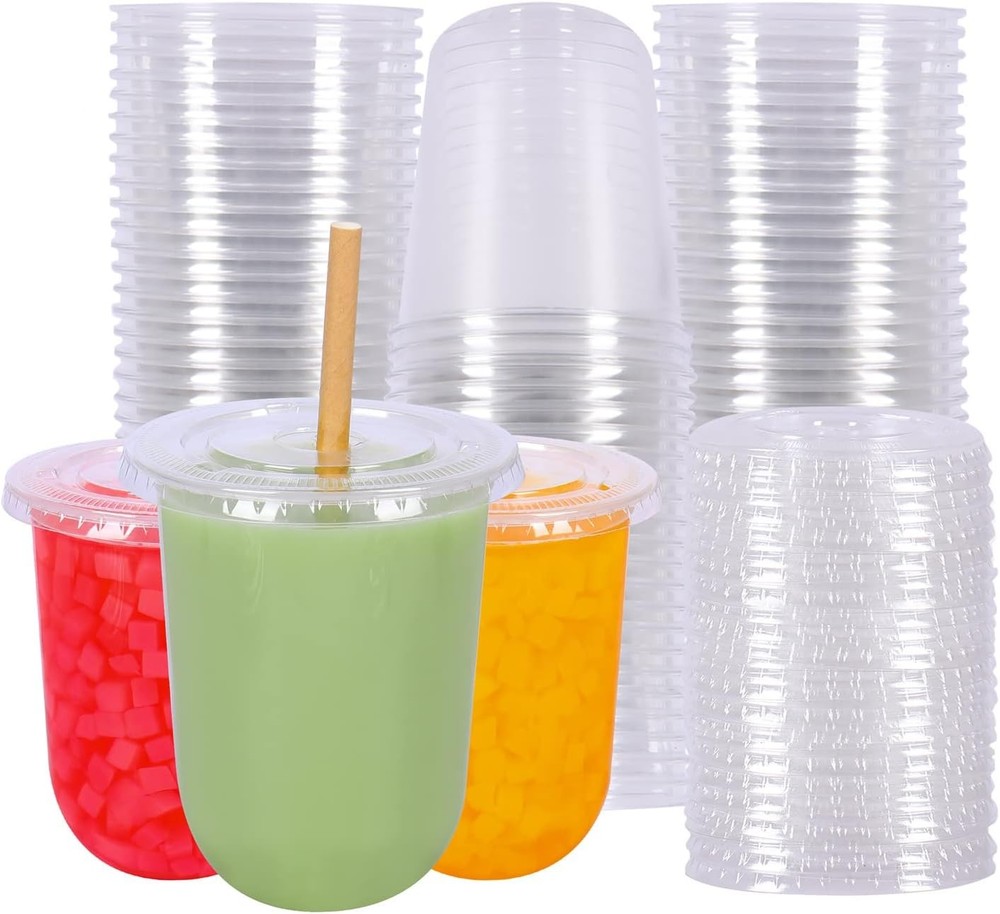 Disposable Clear Plastic Cups With Flat Lids  for Cold Drinks