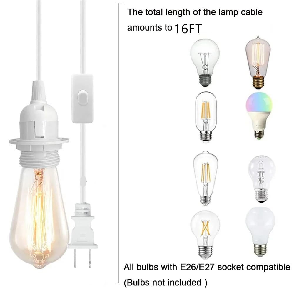 16FT Plug in Pendant Light Cord, Lamp Kit with E26/E27 Socket, white