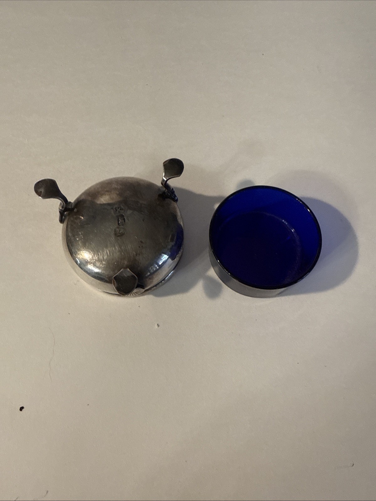 ANTIQUE SILVER PLATE SALT CELLAR WITH COBALT GLASS LINER-ENGLISH HALLMARKS