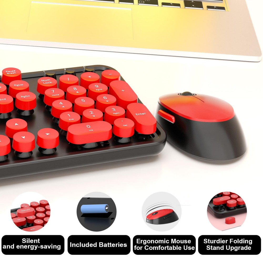 Wireless Keyboard, Mouse, Retro Typewriter, Round Keycaps, Black, Red, Full-Size