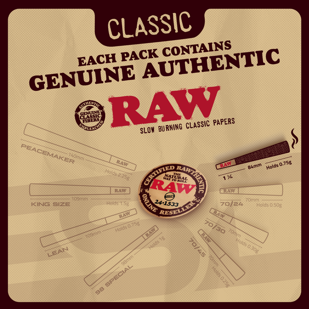 RAW Cones 1-1/4 Classic | 50 Pack | Slow Burning with Pre-Rolled Tips