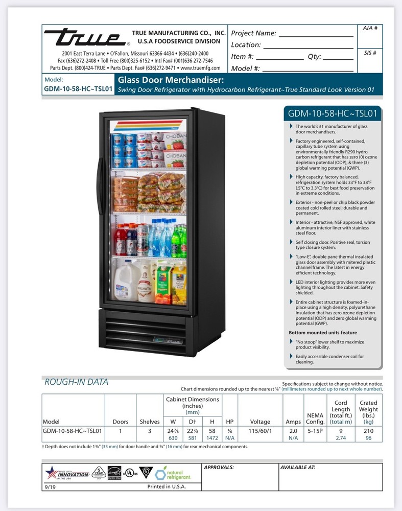 True Single Door Merchandising Cooler