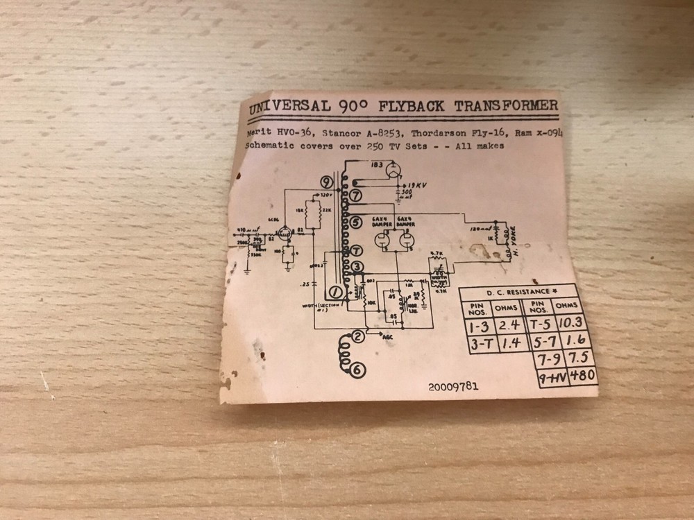 RAM Television Components 20009781 90 Degree Flyback Transformer - NOS