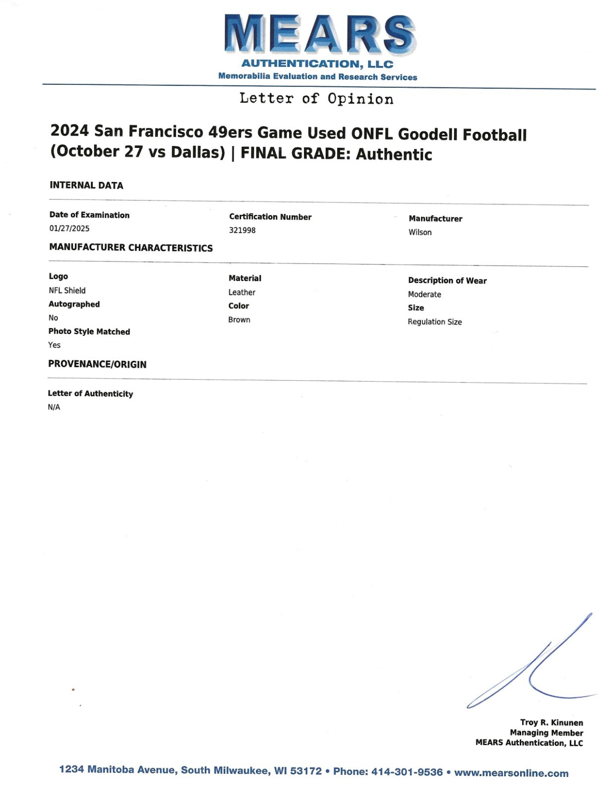 Brock Purdy San Francisco 49ers Photo Matched Game used Football vs Cowboys 2024