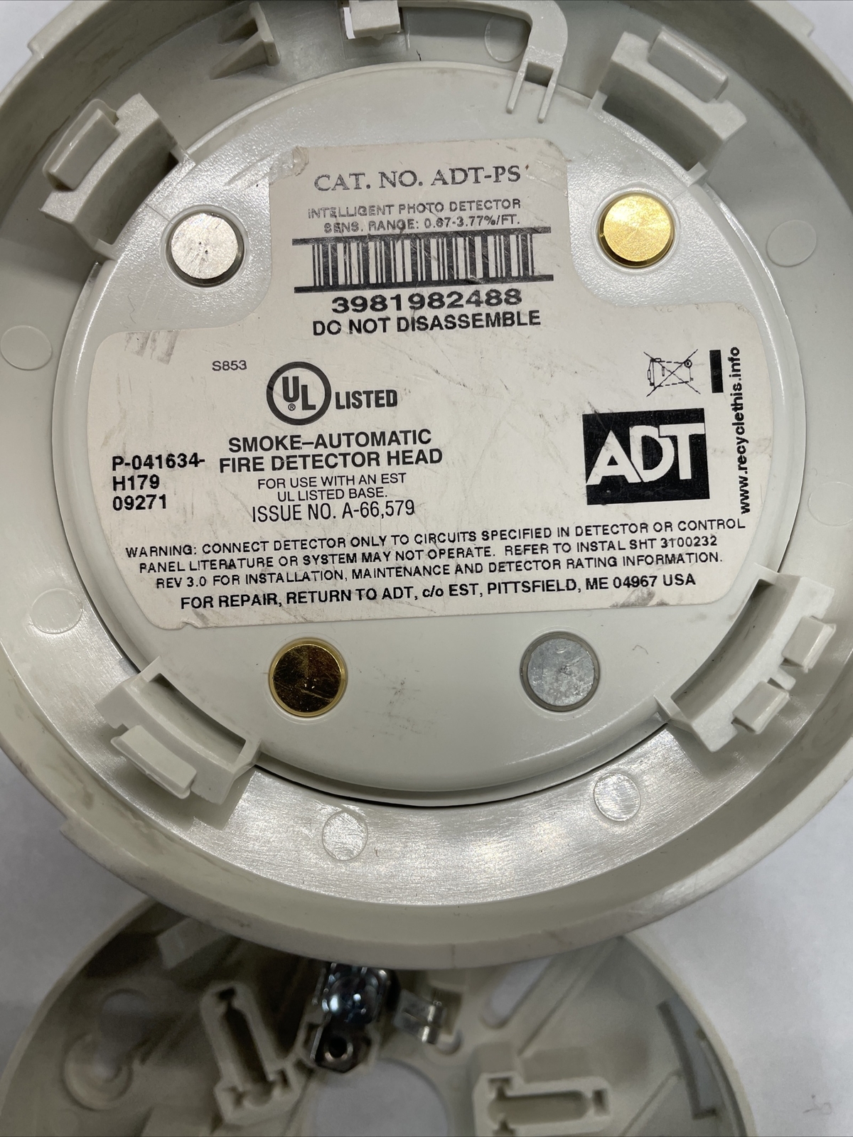 EST ADT SIGA-PS EDWARDS INTELLIGENT PHOTOELECTRIC SMOKE DETECTOR With Base