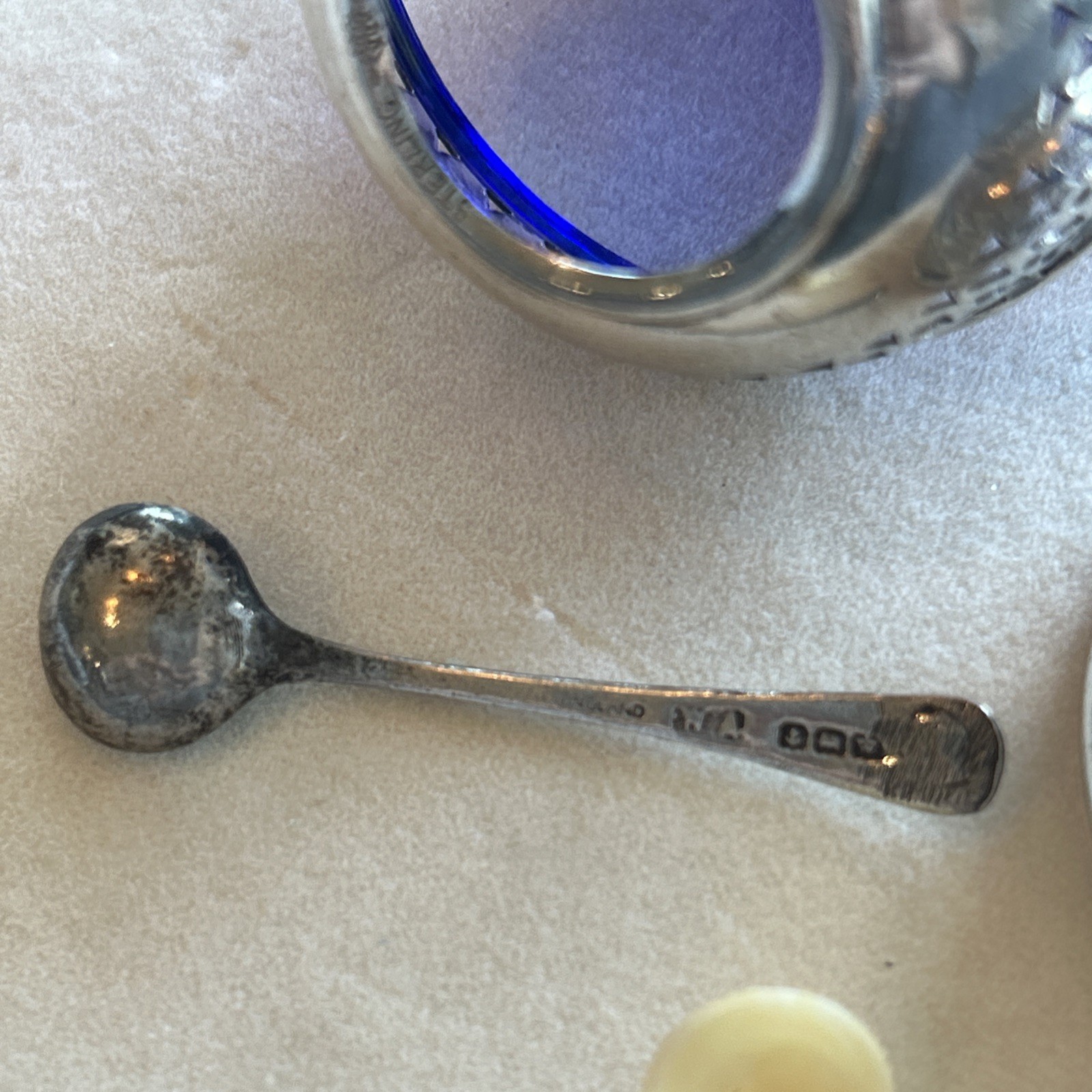 Lot of 2 Antique Webster Salt Cellars 2 Spoons Sterling Silver Blue Cobalt Glass