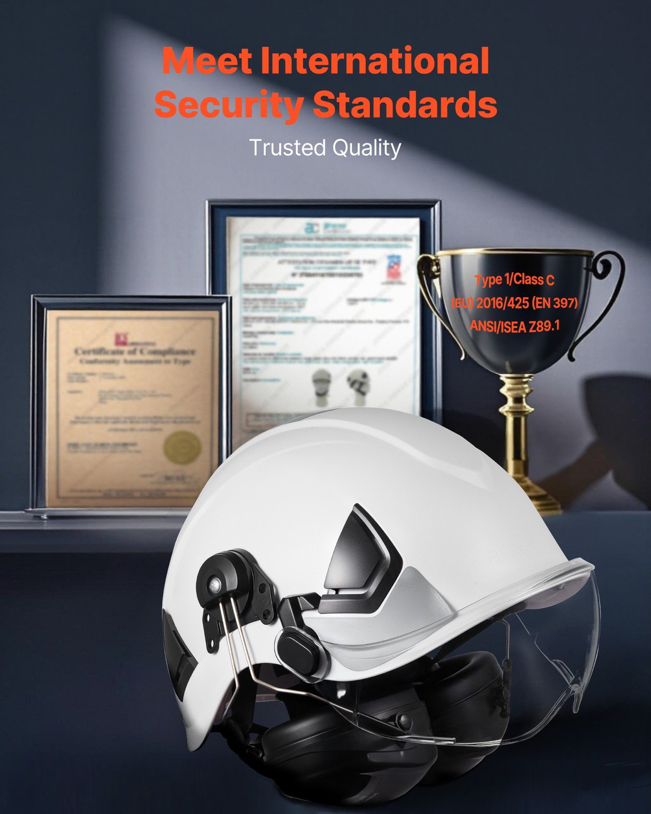 VEVOR Industrial Safety Helmet with Visor and Earmuffs Adjustable Vented Hardhat