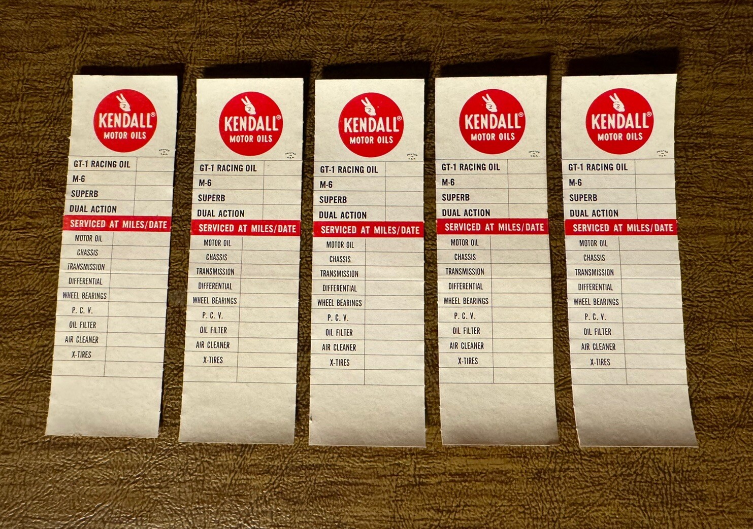 Rare Vintage Five Original Kendall Motor Oil Change Oil Door Jamb Stickers.