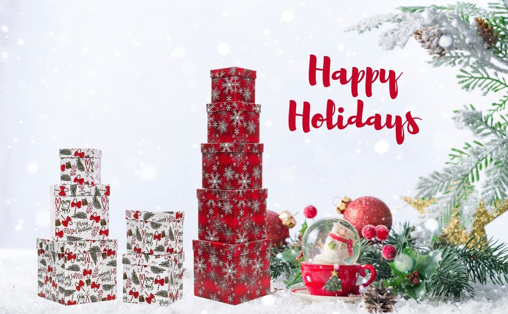 5PCS Christmas Nesting Gift Boxes with Lid, Nested Box Set, 5 Sizes, Square S...