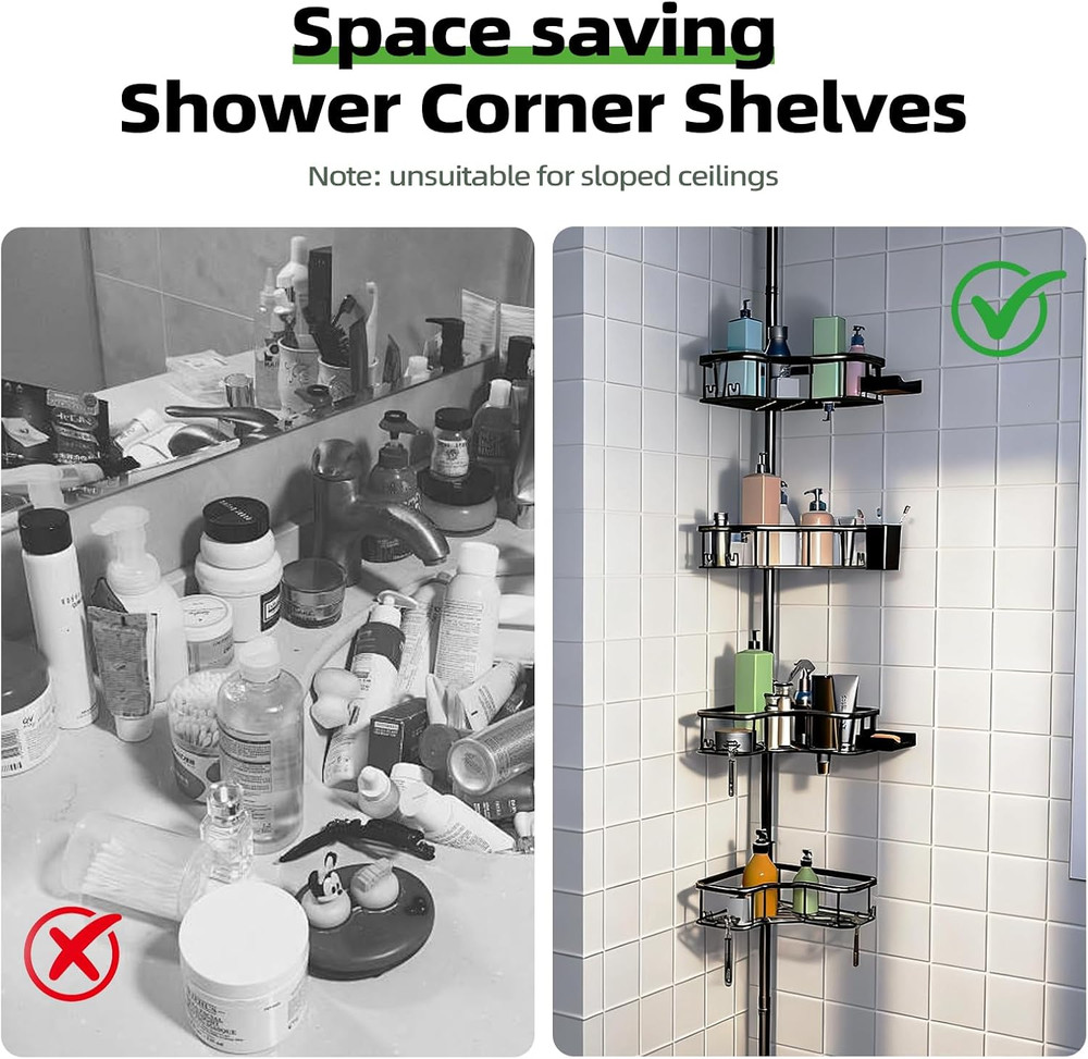 Adjustable 4-Tier Corner Shower Caddy with No-Drill Installation, Black