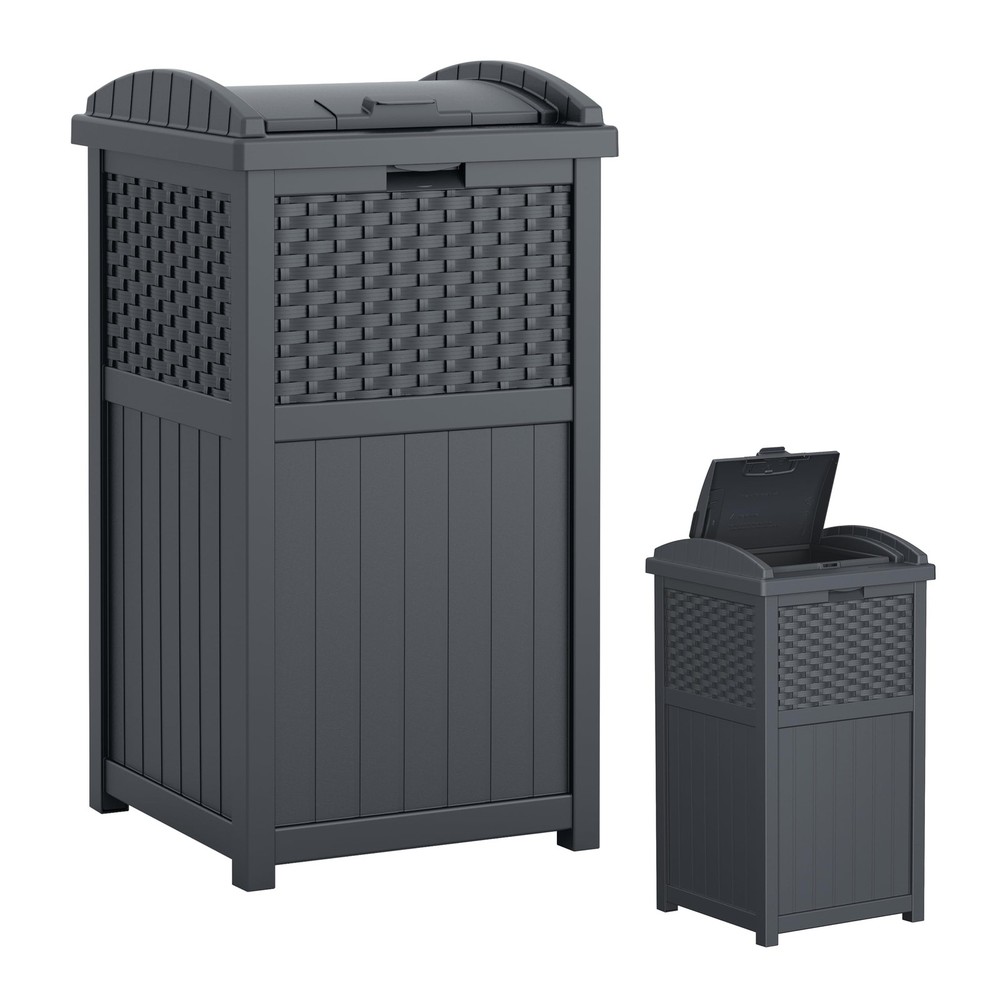 Suncast 33 Gallon Wicker-Style Hideaway Trash Can with Secure Cyberspace Grey