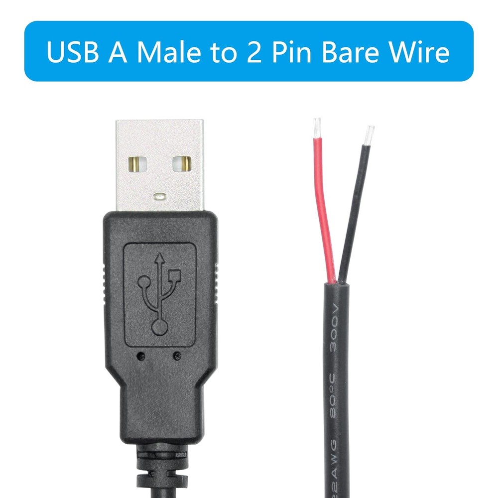 4Pcs USB A Male 2 Pin Bare Wire 30CM, A to 2