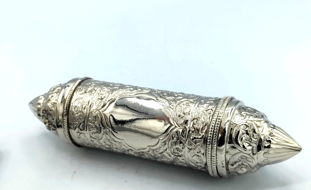 Prayer Scroll Secret Message Holder Silverplate Repousse Metalwork