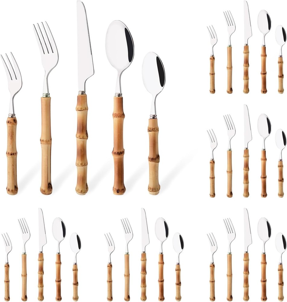 30PCS Silverware Set for 6, Bamboo Handle Flatware Set, Stainless Steel Cutle...