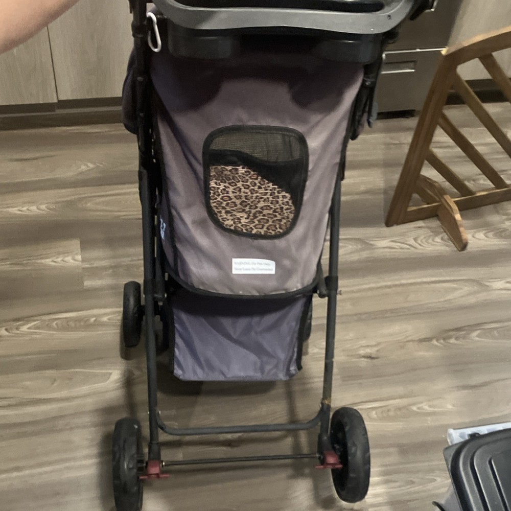 Gray 4-Wheel Pet Stroller Foldable Mesh Window Leopard Print Interior