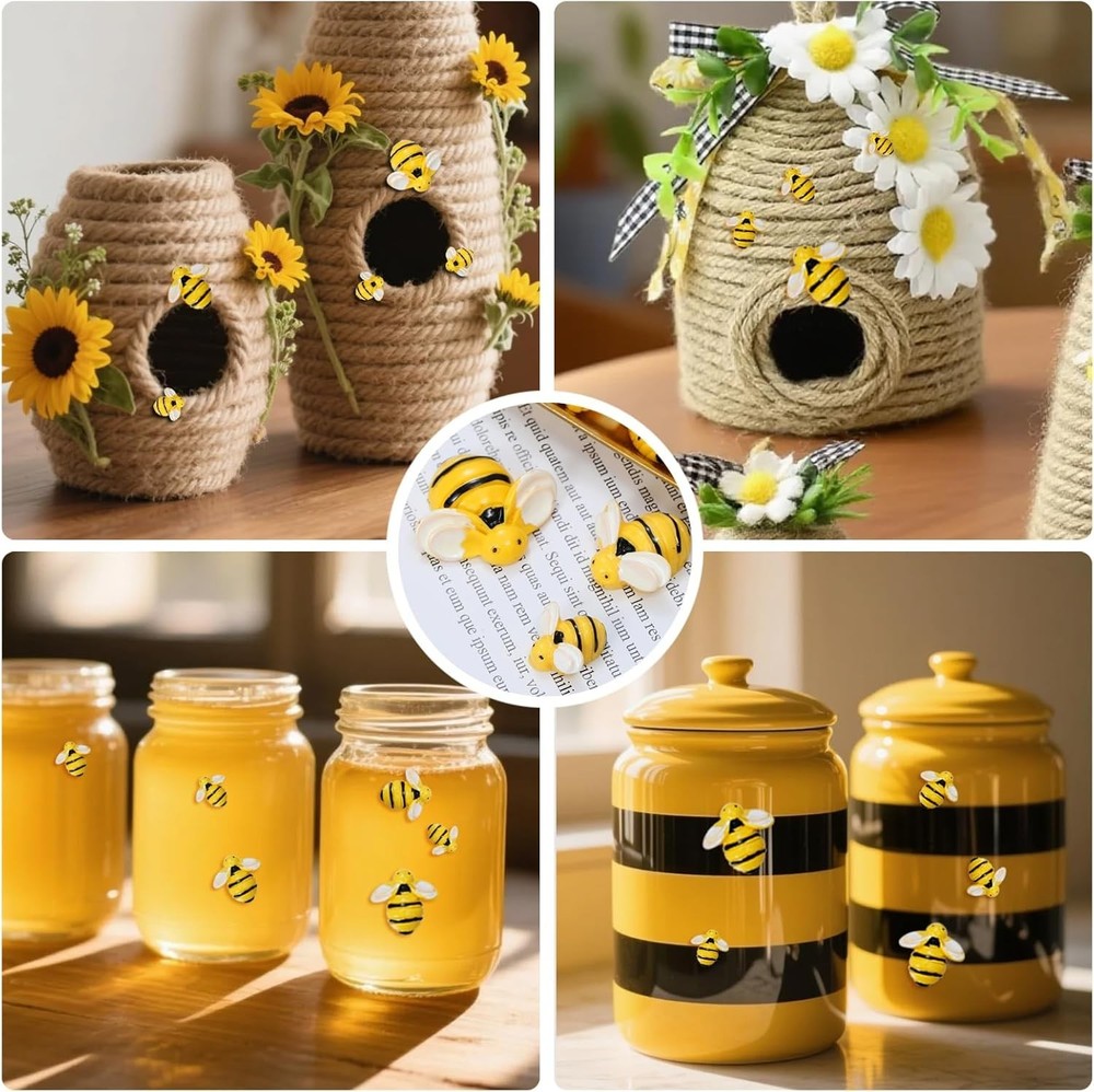 Tiny Resin Bees for Crafts,32Pcs Small Plastic Bumble Bee Decor with 36 Doubl...