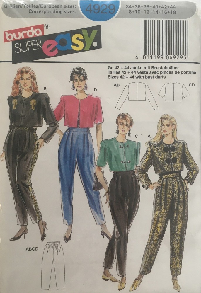 Burda Super Easy Sewing Pattern 4929 sz 8-18, cropped Jacket, pull-on Pants