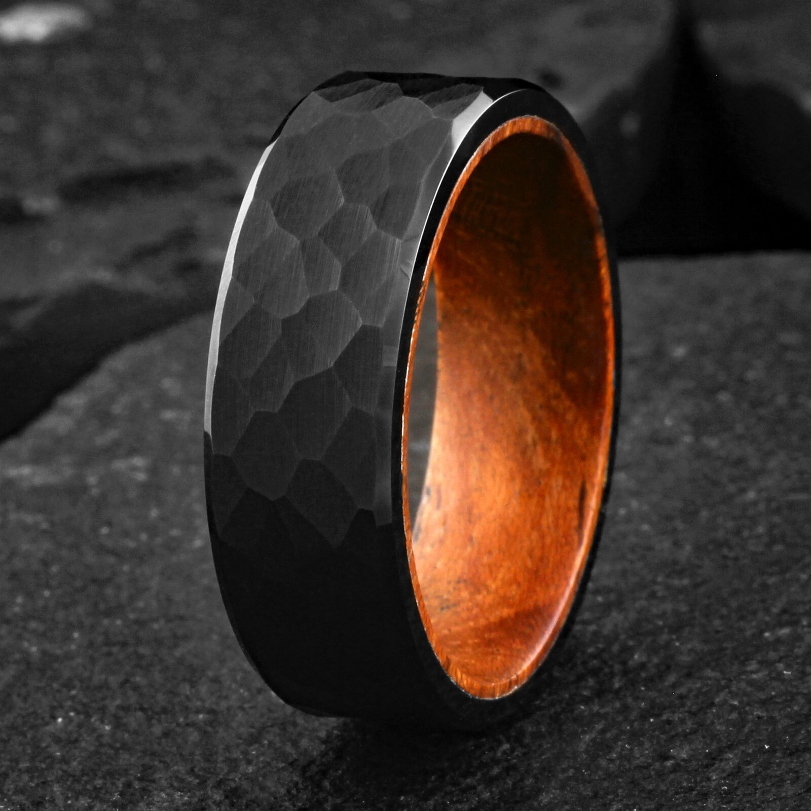 Black Brushed Hammered Tungsten Carbide Ring w/ Rosewood Inside Wedding Band