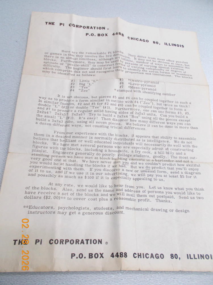 Vintage Instruction Sheet ONLY for Pi Blocks 3D Puzzle