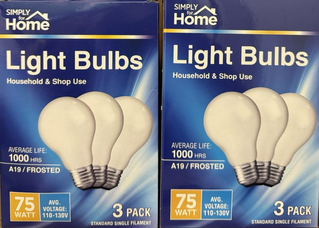 6 75W Simply for Home Frosted White Glass A19 Light Bulbs w/Standard Medium Base