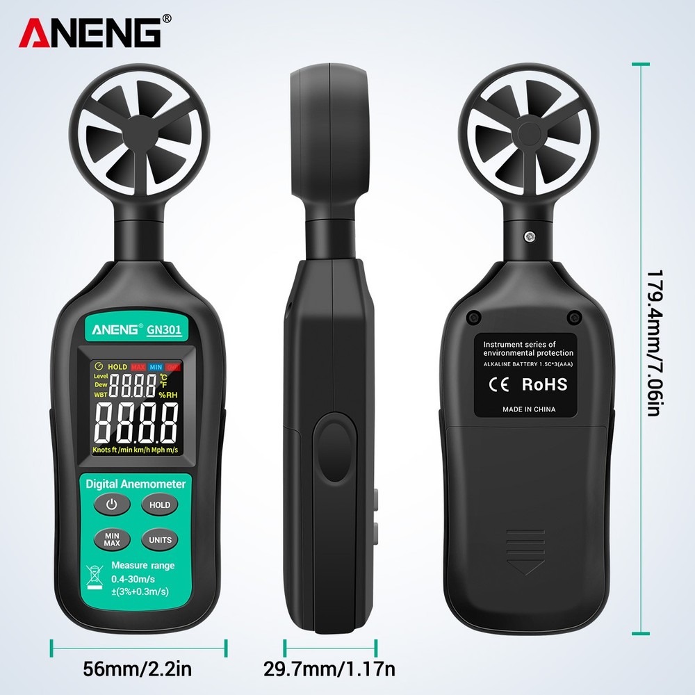 ANENG GN301 Digital Anemometer Wind Speed Meter Temperature LCD Backlight