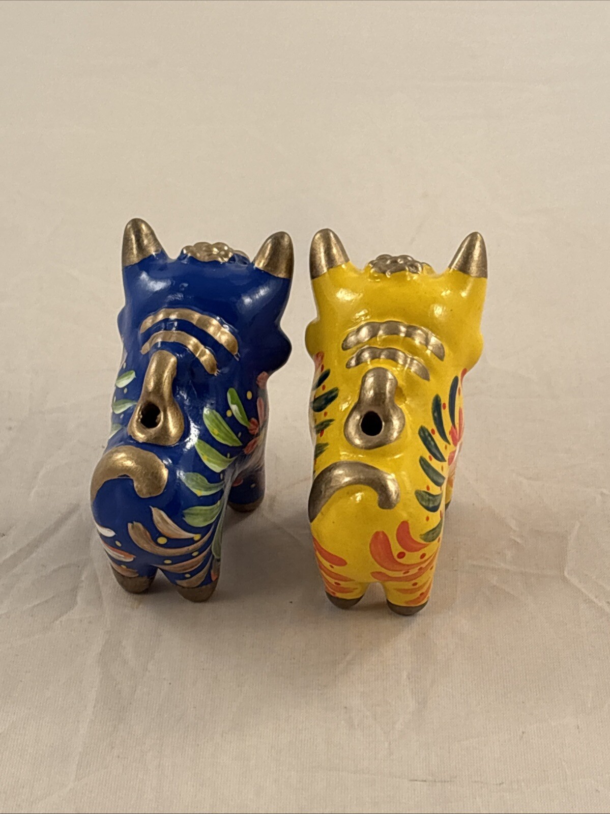 Two Hand Painted Ceramic Peruvian Folk Art Bull of Pucara Colorful 1.5” Figures