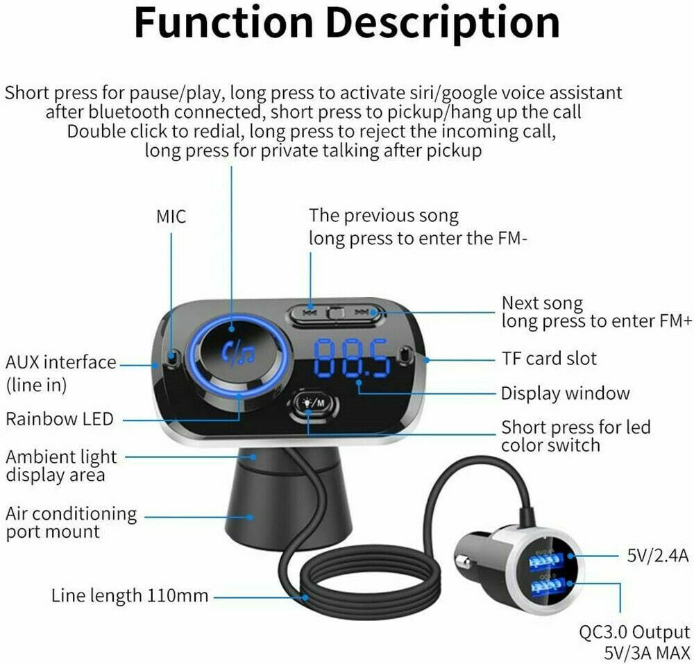 Handsfree Bluetooth FM Transmitter Wireless Radio Adapter Car Kit Mp3 Player USB