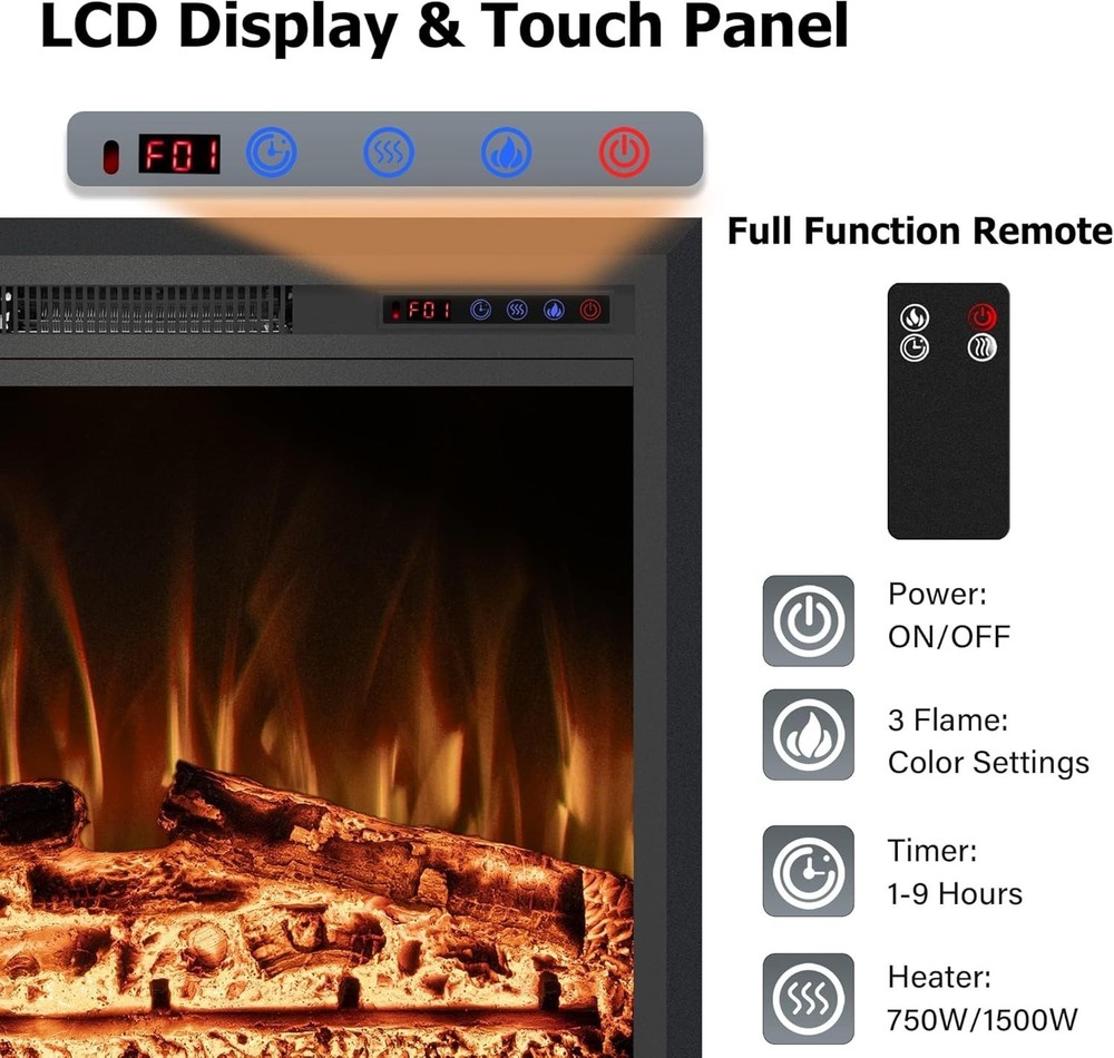 30" Width Electric Fireplace Inserts with Adjustable Flame Colors, Fireplace Hea