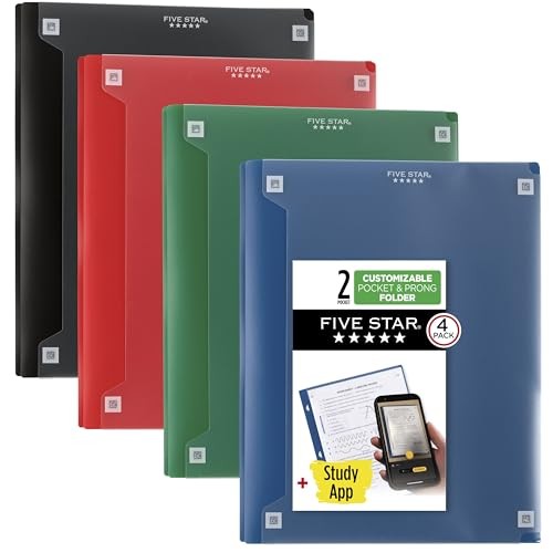 2-Pocket Folder + Study App, 4 Pack, Plastic Folder with Prong Classic Colors