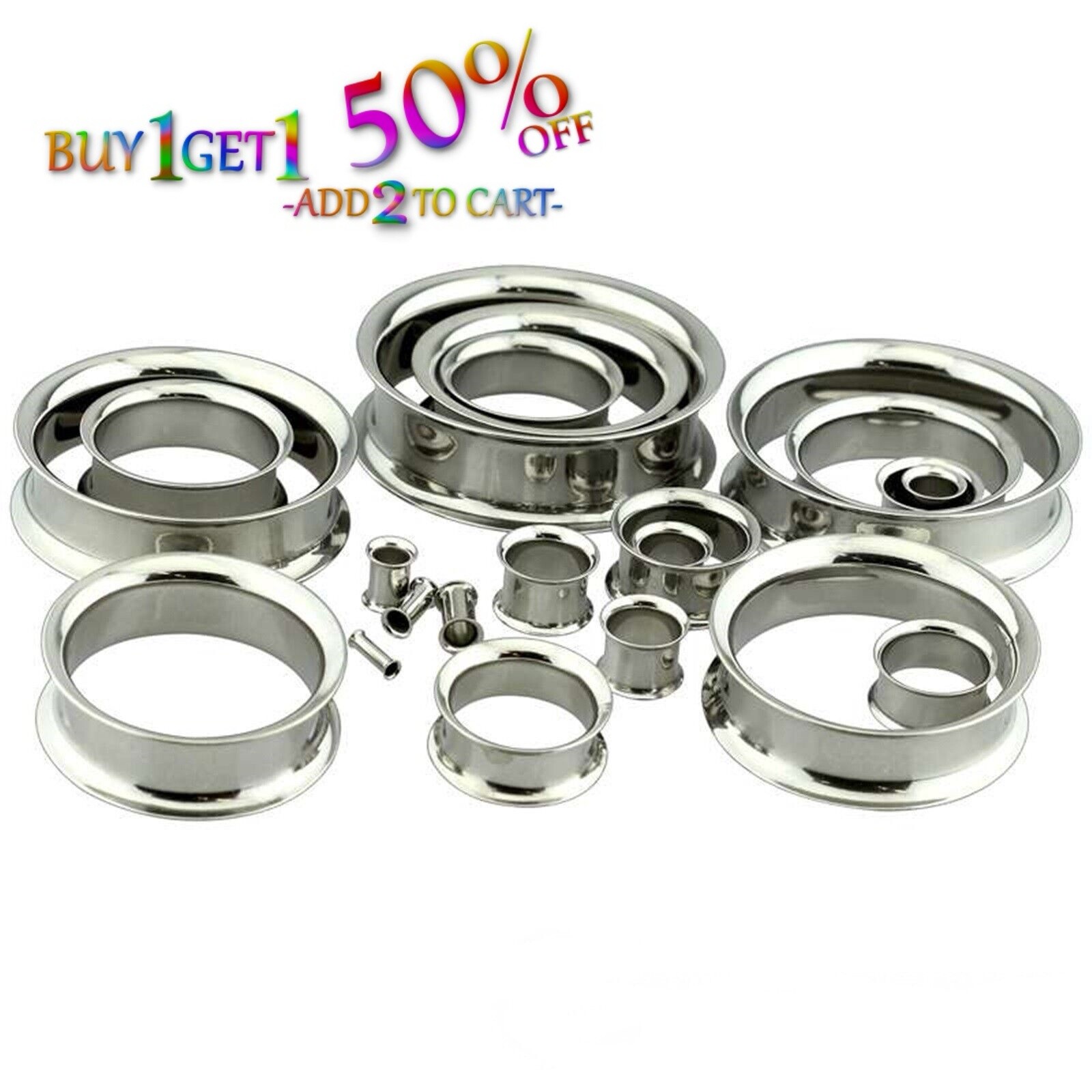 Pair 8g-50mm STAINLESS STEEL DOUBLE FLARE TUNNELS Gauges Solid Body Plugs 2087