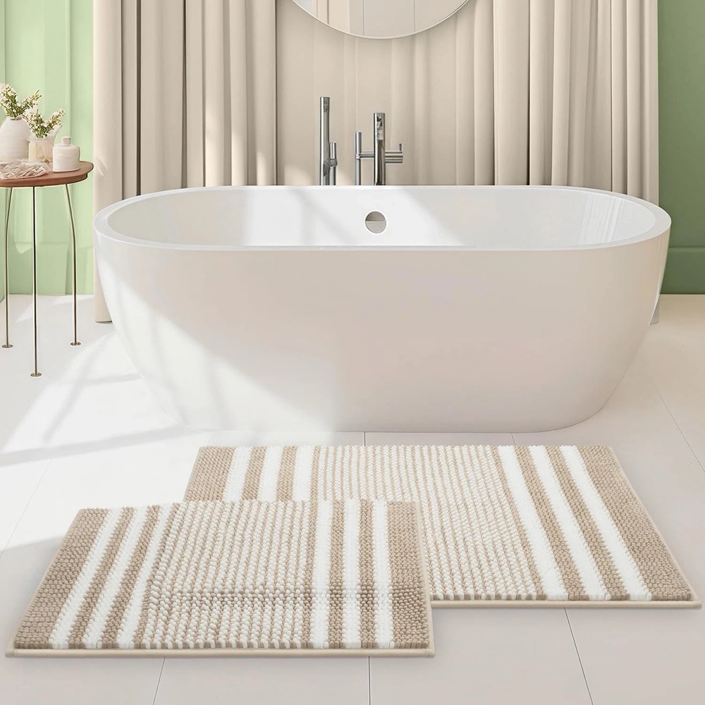 Soft Absorbent Chenille Bath Mat Set, Non-Slip, Machine Washable, Khaki