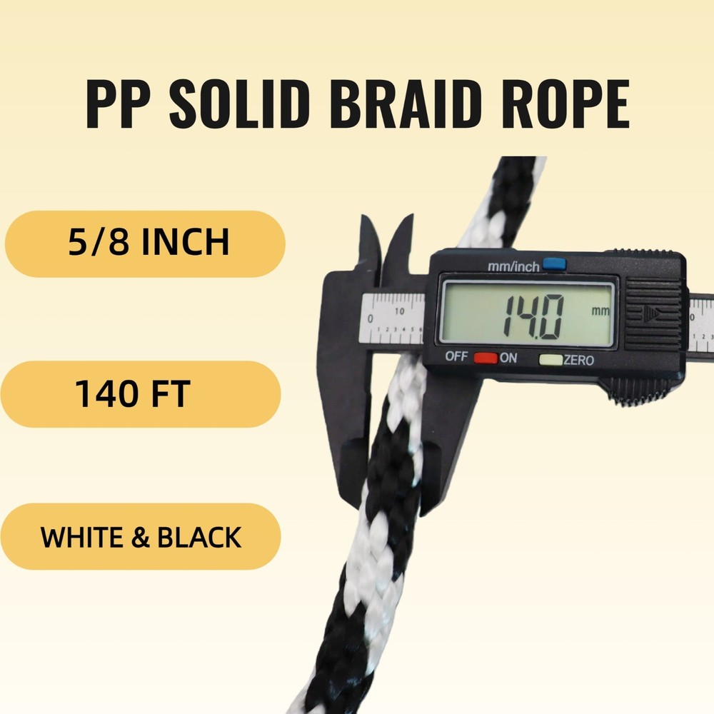 5/8'' 140FT Polypropylene Solid Braid Rope Black White