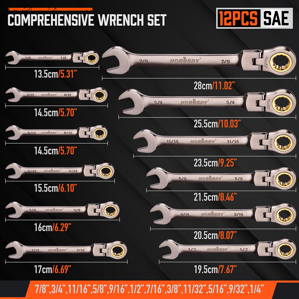 12PC Flex-Head Ratcheting Wrench Set Set with Organizer SAE Combination Spanner