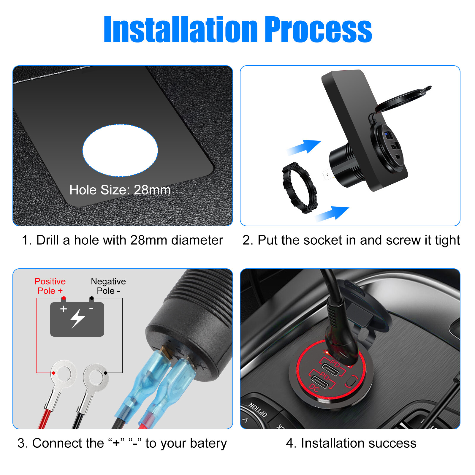 12-24V USB C 3 Port Fast Car Charger PD & QC3.0 Outlet Socket for Boat RV Marine