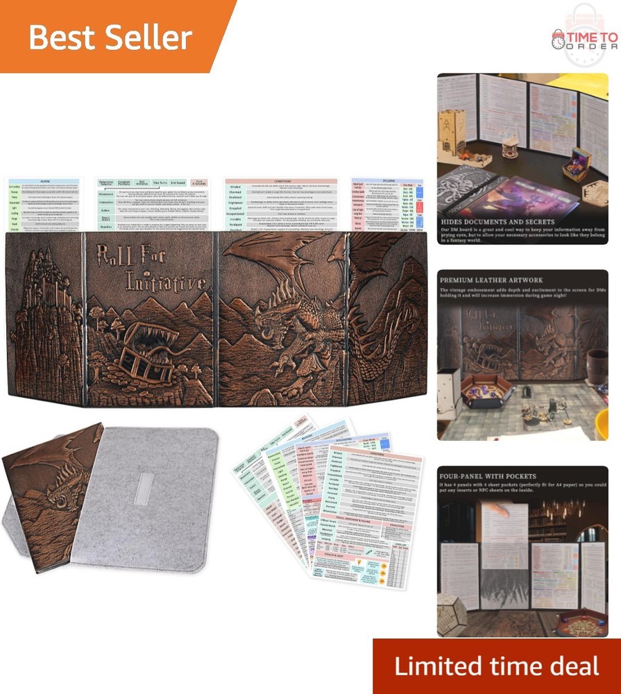 Faux Leather Dungeon Master Screen Embossed Dragon Mimic Four-Panel with Pockets