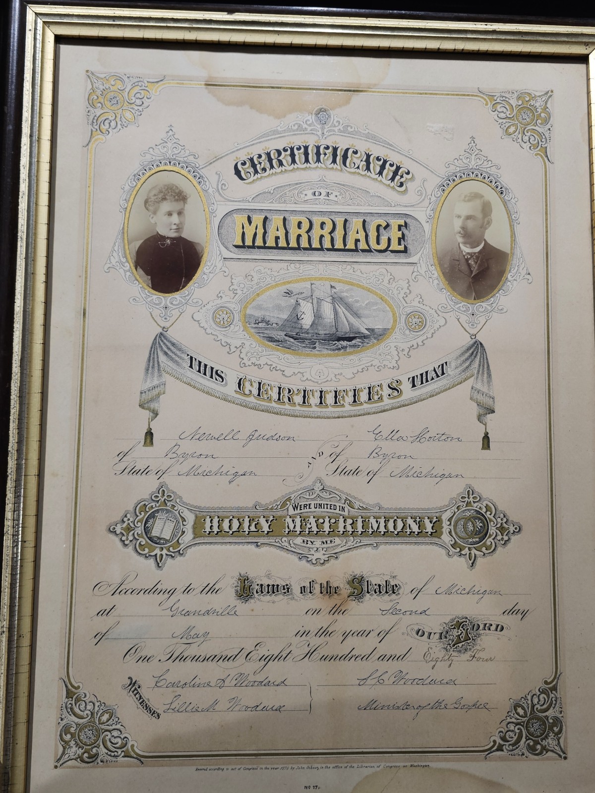 Antique C.1884 Michigan Large Size Marriage Certificate Framed. 14 X 19 Opening
