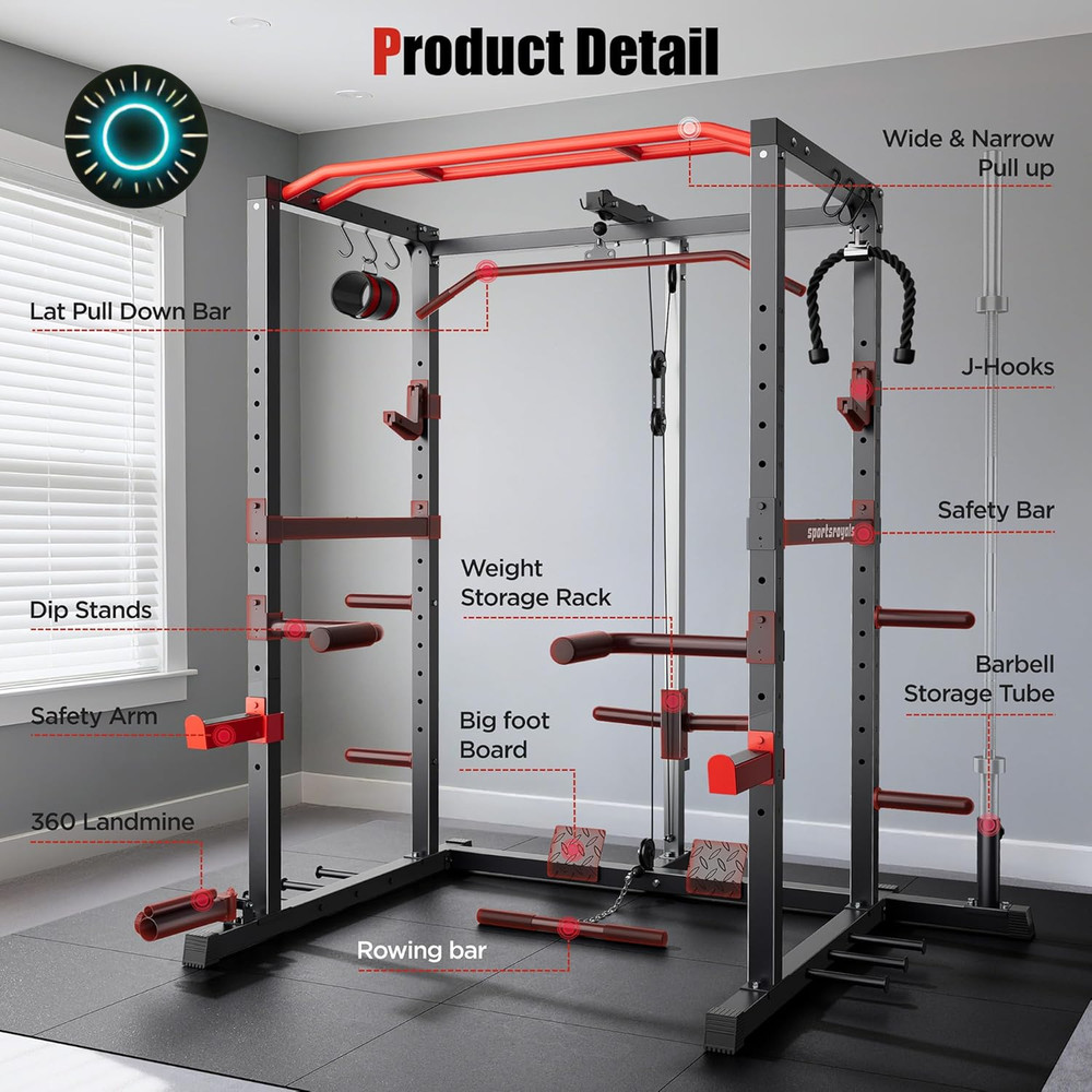Sportsroyals Power Cage 1600Lbs Multi-Function Power Rack with Adjustable Cable