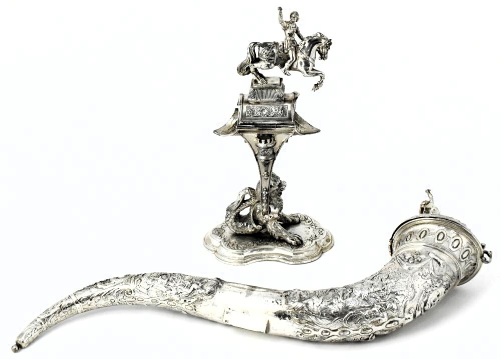 X LARGE FIGURAL GERMAN HANAU SILVER CORNUCOPIA DRINKING HORN SILVER TANKARD 1920