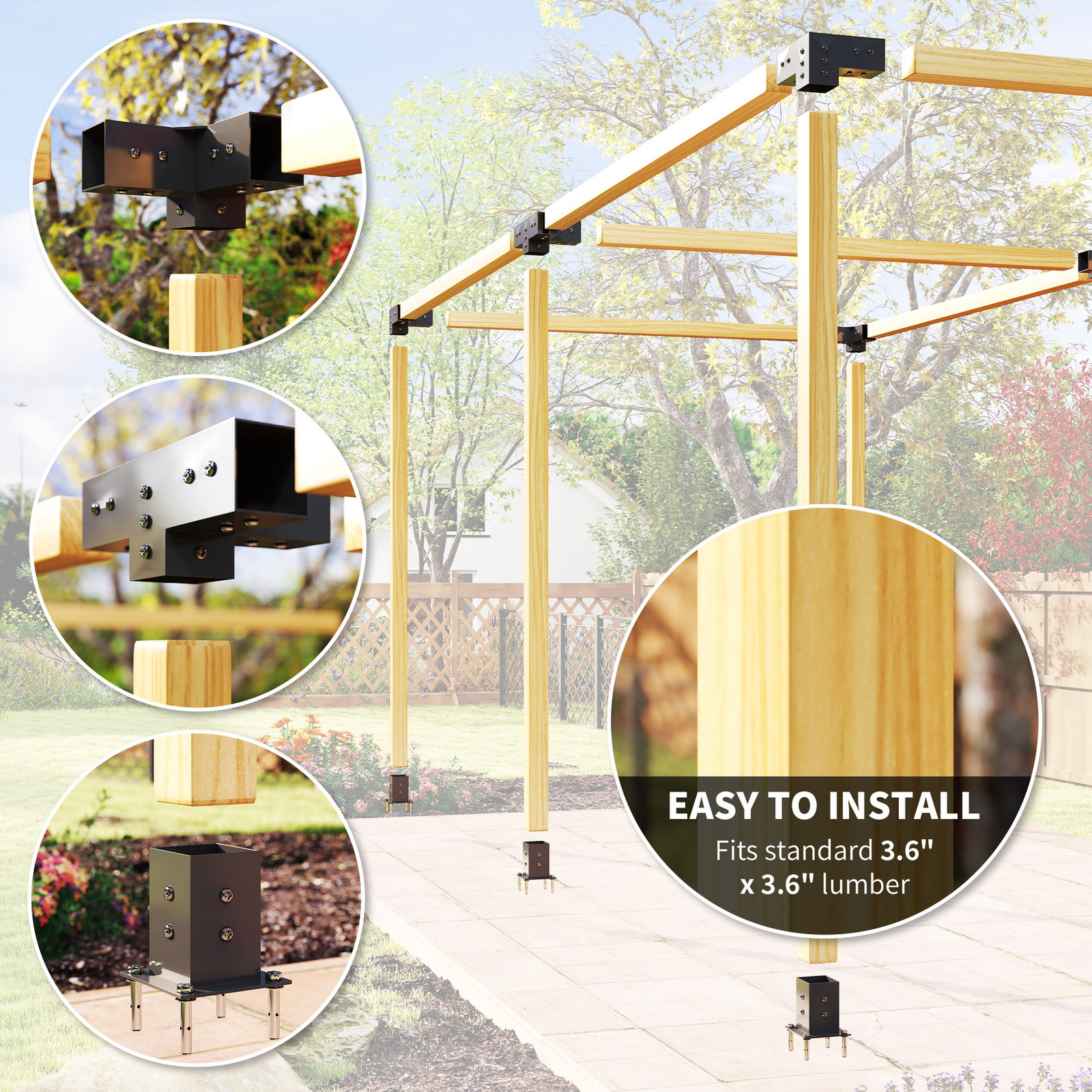 Outsunny 12PCS Pergola Kit Brackets for 4"x4" (Actual 3.6"x3.6") Lumber