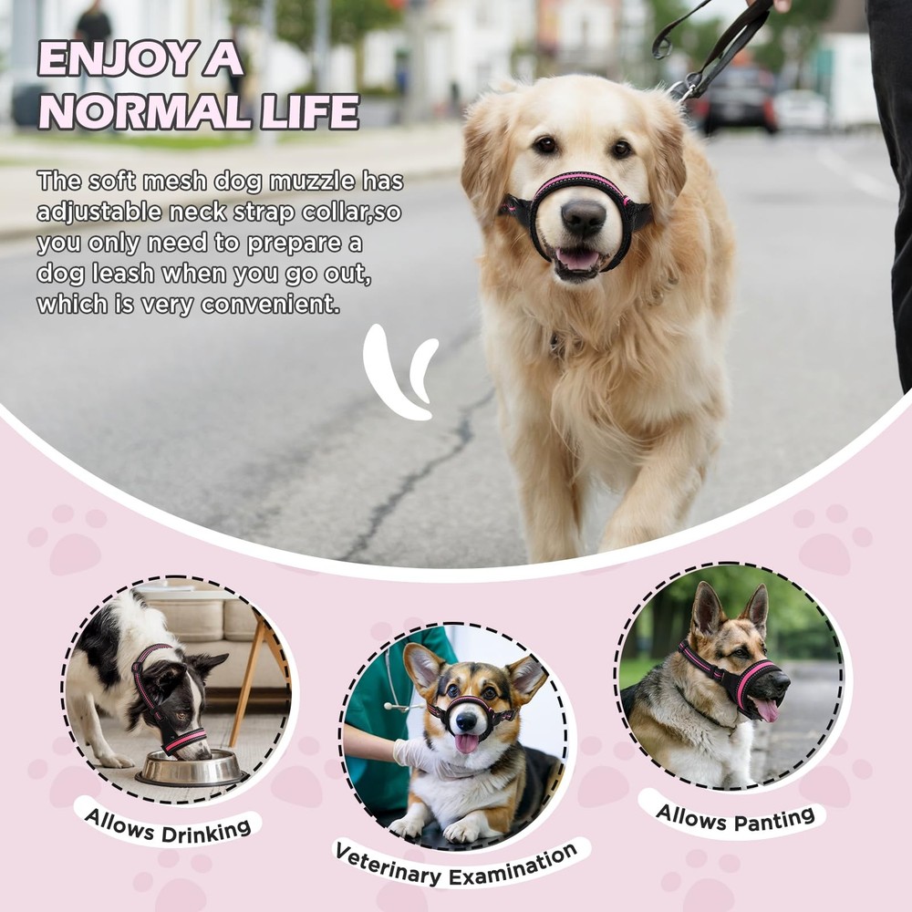 BONTHEE Dog Muzzle,Anti-Bite Adjustable Breathable Soft Muzzle for M, Pink