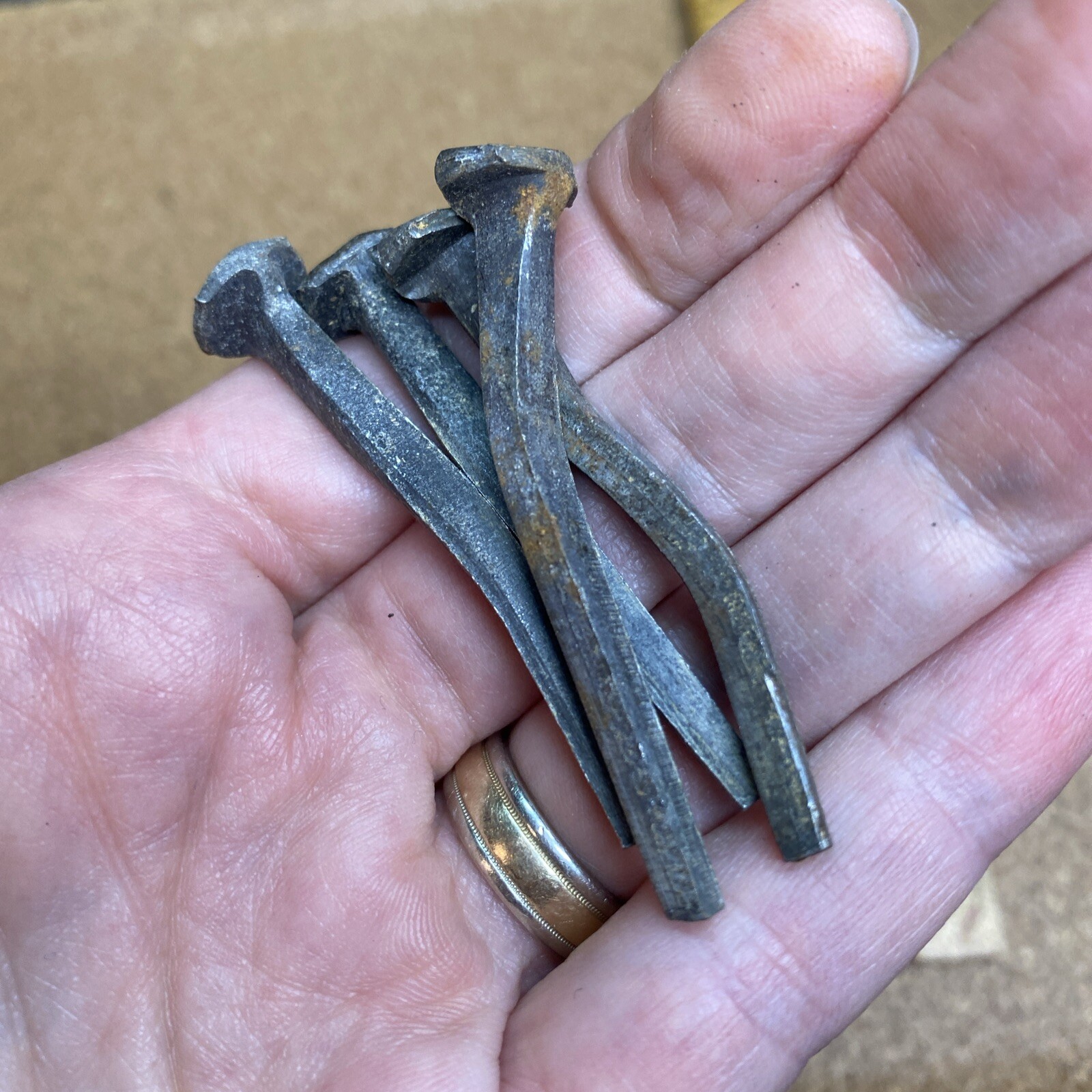 Lot of 10 Vintage Old Hand Cut 2” Square Head Nails, Rusty, craft Estate Find