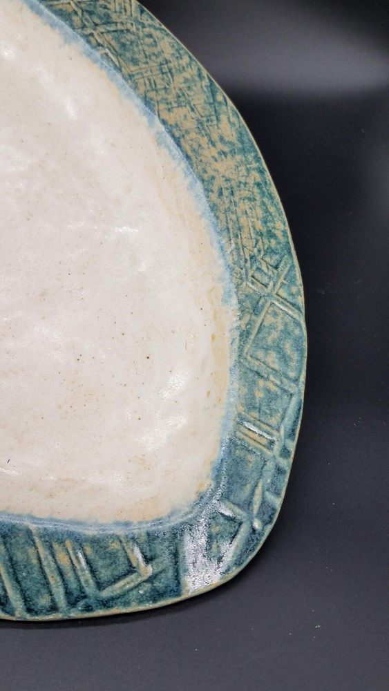 Handmade Studio Pottery Textured Blue Leaf Shaped Serving Plate Platter Tray EUC