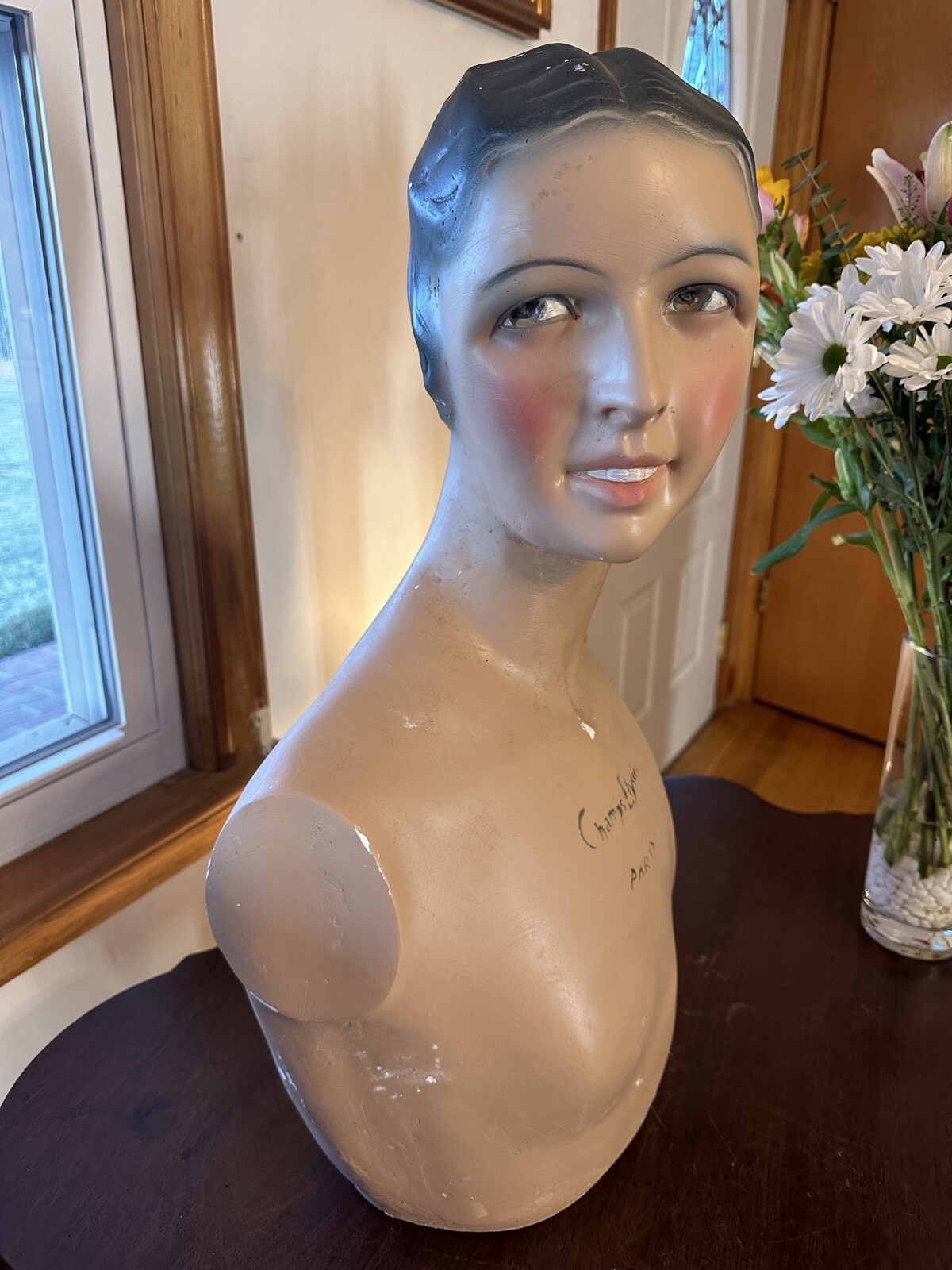 Vintage French Paris Lady Woman Hat Bust Head Champs Elysees Mannequin Plaster