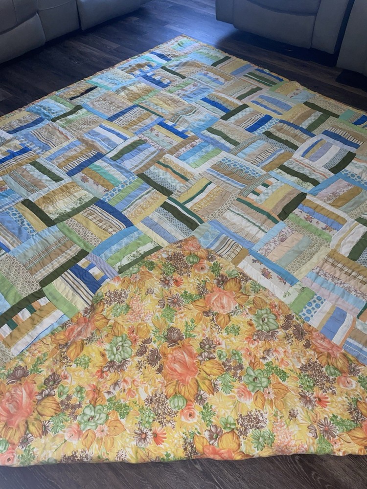 Handcrafted Patchwork Quilt Abstract Pattern Multicolor with Floral Backing